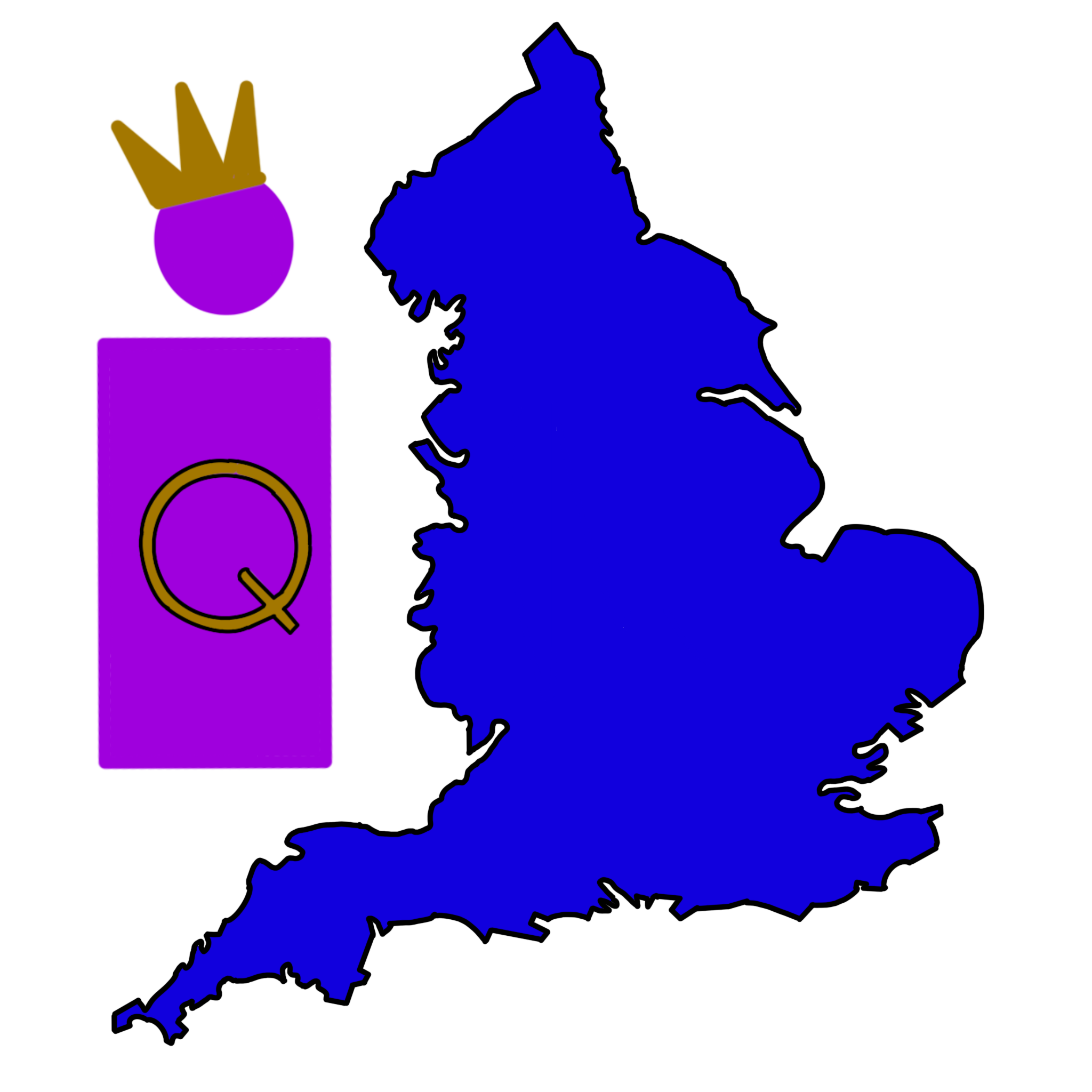 A drawing of England with a simply drawn person next to it. The person is purple with a gold crown their head and a gold Q on their chest. England is colored bright blue.